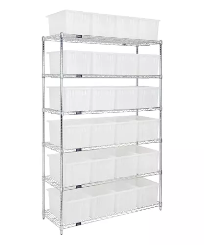 Quantum Storage Systems WR6-24185CL Bin Wire Shelving System, 48" L x 18" D x 74" H, Carbon Steel, Chrome with Clear Bins