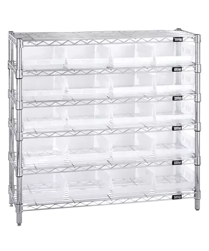 Quantum Storage Systems WR6-36-1236-107CL 6-Tier Complete Wire Shelving System with 20 QSB107CL Clear-View Economy Shelf Bins, Chrome Finish, 36" Height x 36" Width x 12" Depth
