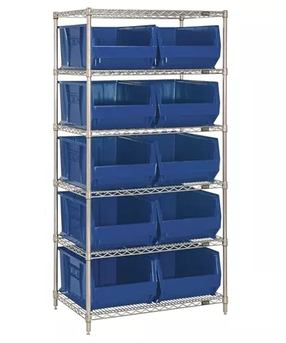 Quantum Storage Systems WR6-954BL 6-Tier Complete Wire Shelving System with 10 QUS954 Blue Hulk Bins, Chrome Finish, 74" Height x 36" Width x 24" Depth
