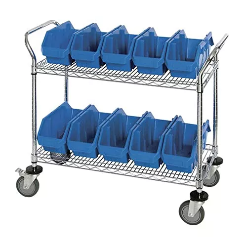 Quantum Storage Systems WRC2-1836-1867RD 2-Tier Complete Wire Mobile Cart System with 10 QP1867 Red QuickPick Bins, Chrome Finish, 37-1/2" Height x 36" Width x 18" Depth