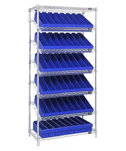 Quantum Storage Systems WRS-7-604BL Wire Slanted 7 Shelves 48 Super Tuff Euro Blue Bins 74" H x 36" W x 18" D