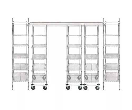 Quantum TK16-2448BK Heavy-Duty Overhead Track Shelving Unit Complete Set for Industrial Distribution | (6) Mobile Kit; (32) 24" x 48" Wire Shelves | 1200 lbs Capacity | Black Epoxy, Carbon Steel, NSF