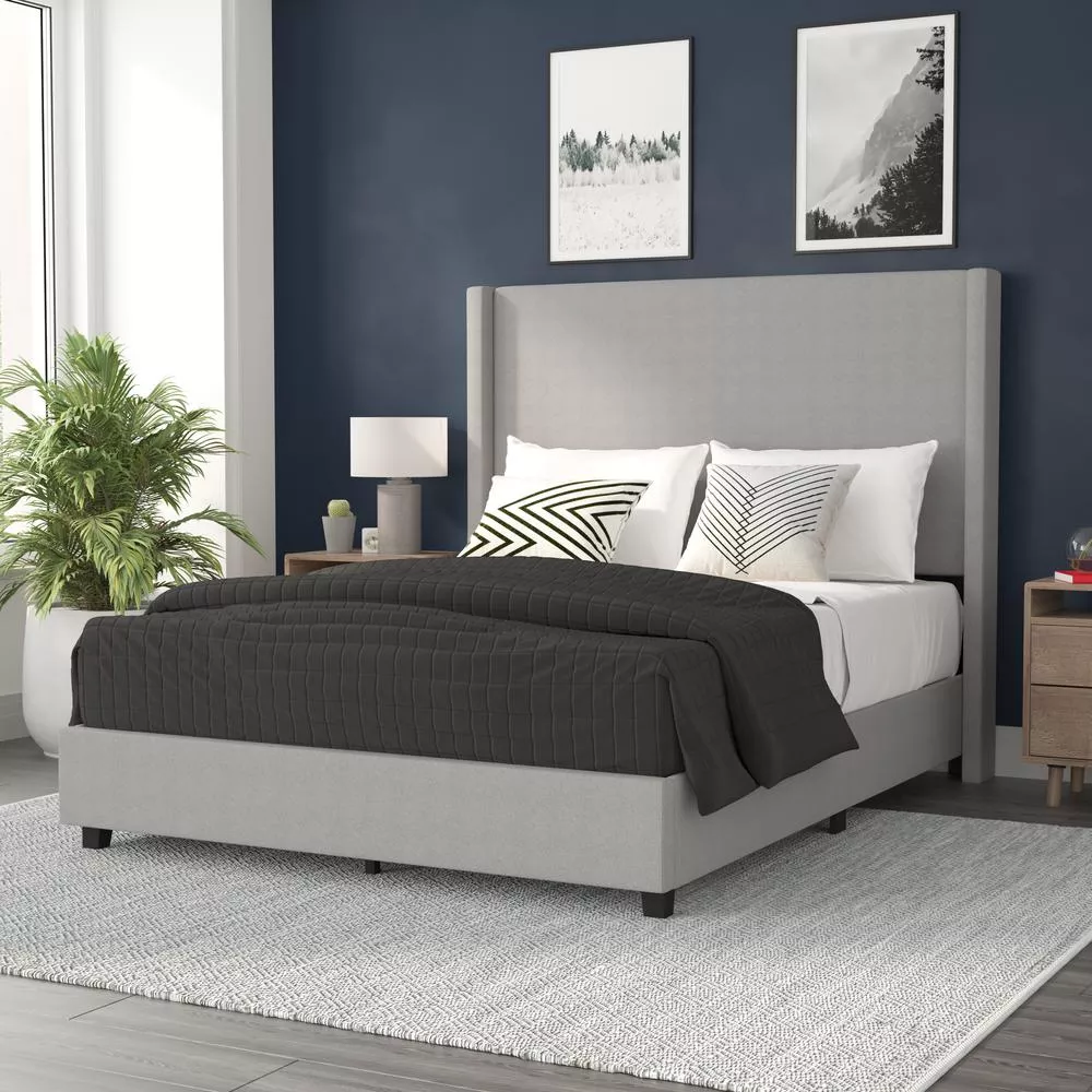 Queen Upholstered Platform Bed with Channel Stitched Wingback Headboard, Gray - Flash Furniture