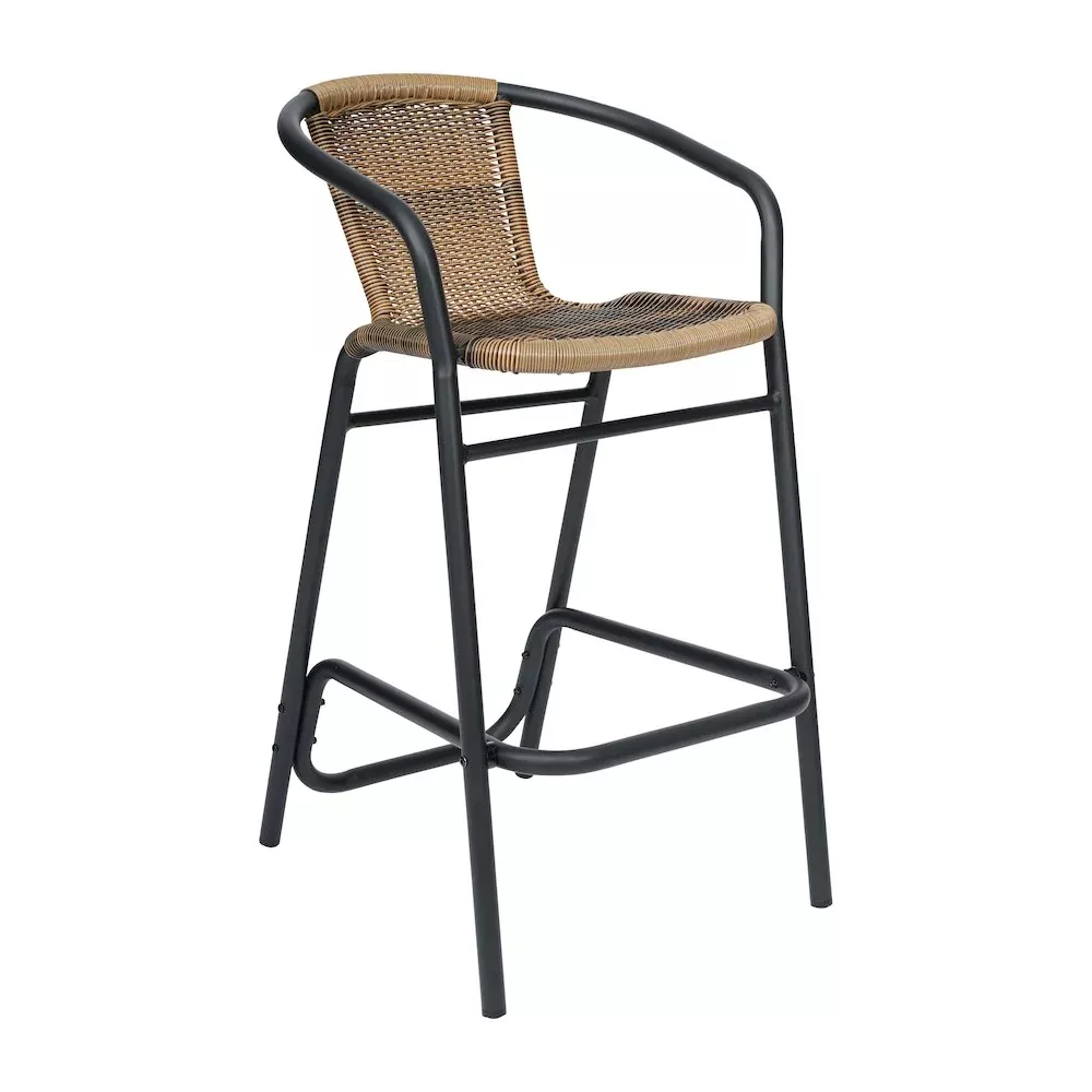 Rattan Restaurant Barstool with Black Aluminum Frame and Footrest, Medium Brown - Flash Furniture