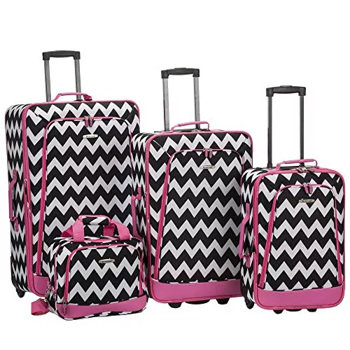 Rockland Escape 4-Piece Softside Upright Luggage Set,Telescoping Handles, Pink Chevron, (14/19/24/28)