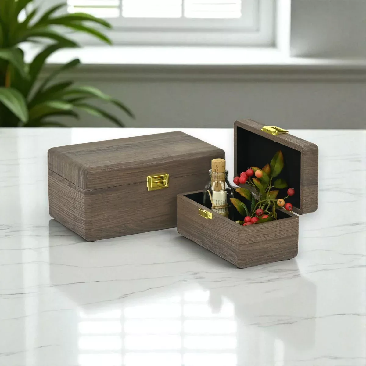 Sable Set of 2 Dark Brown Rectangle Wood Storage Boxes with Gold Handles - 10" - By Cheungs