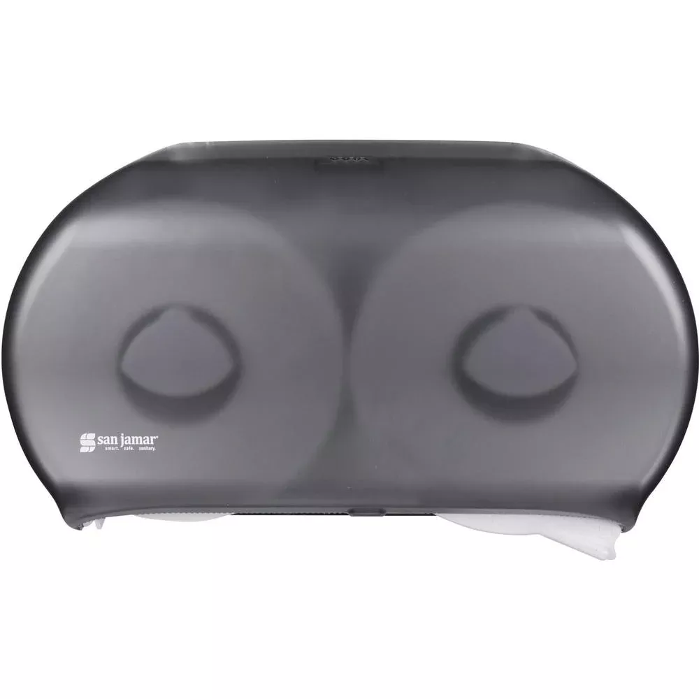 San Jamar Jumbo Bath Tissue Dispenser - Roll Dispenser - 2 x Roll - 9'' Roll Diameter - 12'' Height x 19'' Width x 5.3'' Depth - Plastic - Pearl Black - Impact Resistant, Break Resistant, Compact, Lockabl