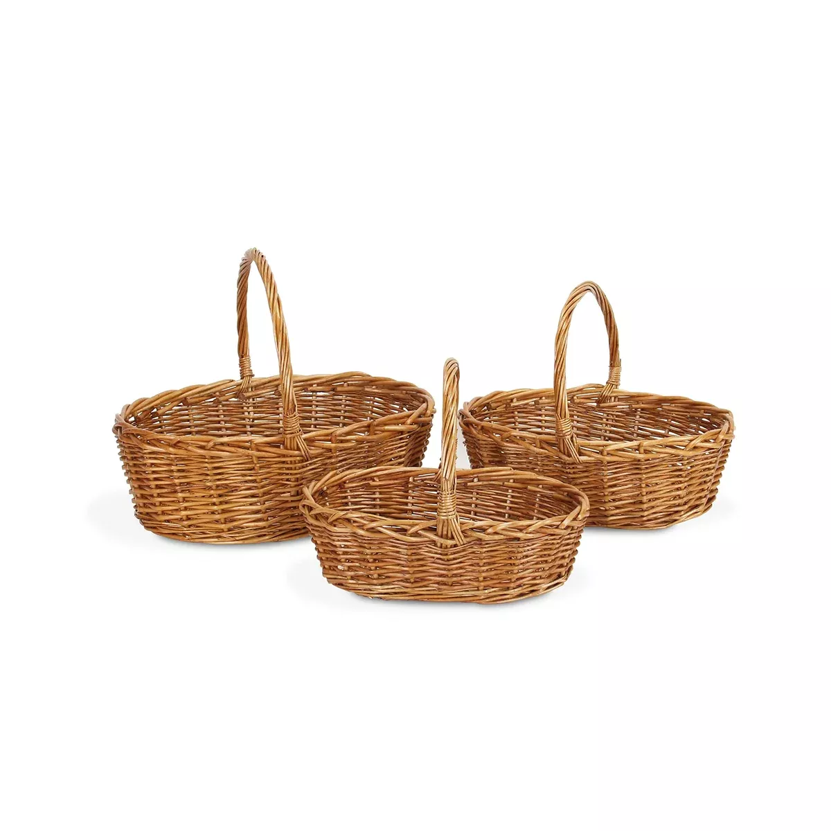 Set of 3 Oval stained willow baskets with braided handle