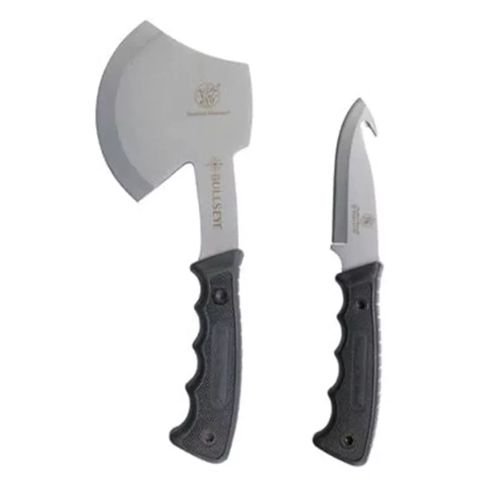 Smith & Wesson Bullseye Hatchet and Fixed Blade Guthook Knife Combo with S.S. Blade and Rubber Handle for Outdoor, Tactical, Survival and Everyday Carry