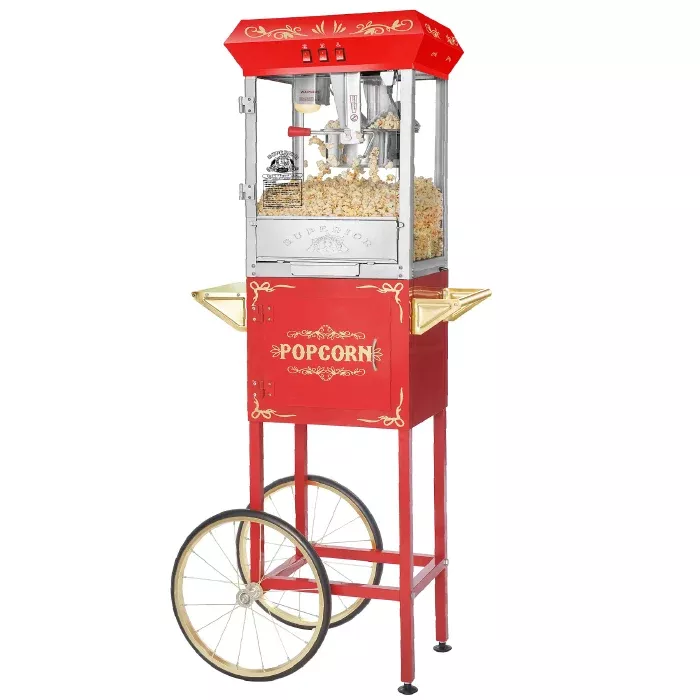 Superior Popcorn 82-P558 8 oz Carnival Popcorn Popper Machine with Cart - Red