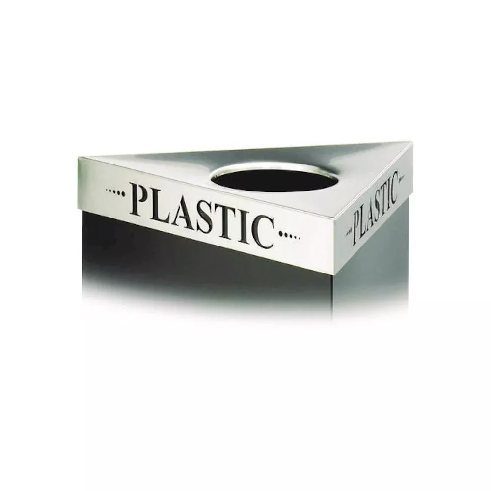Triangular Lid for Trifecta Receptacle, Laser Cut ''PLASTIC'' Inscription, 20w x 20d x 3h, Stainless Steel - Safco