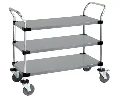 UTILITY CART 3 SOLID SHELVES STAINLESS