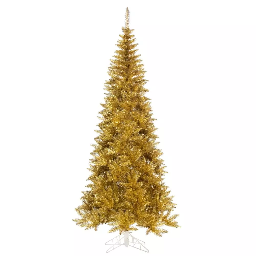 Vickerman 10' x 50" Slim Gold Tinsel Artificial Unlit Christmas Tree with Folding Metal Tree Stand