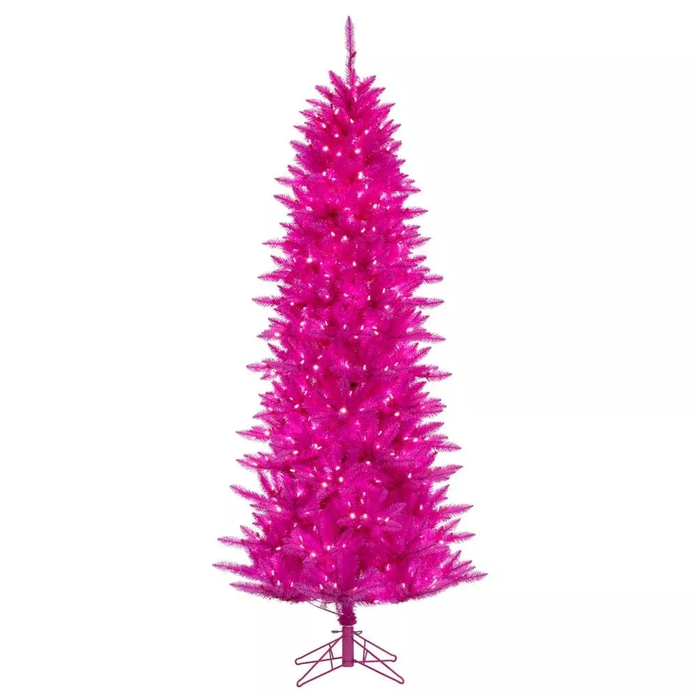 Vickerman 5.5' x 30" Hot Pink Artificial Pre-Lit Christmas Tree with 300 Pink LED Mini Lights, 623 Realistic PVC Tips