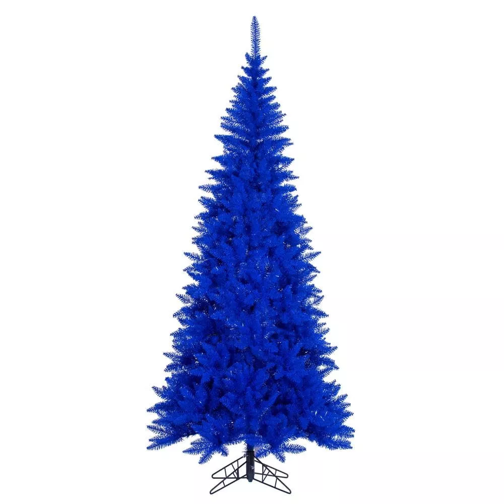 Vickerman 7.5' x 40" Slim Blue Artificial Unlit Christmas Tree with Folding Metal Tree Stand