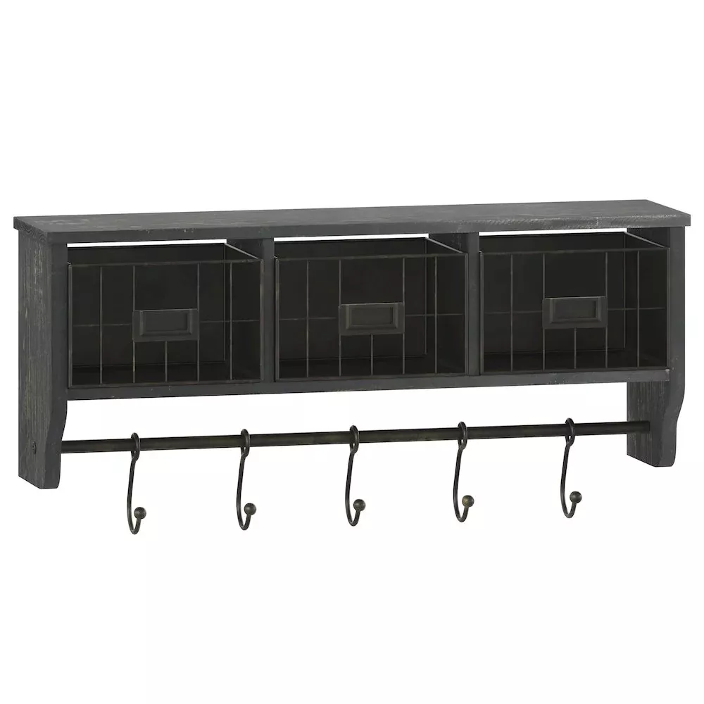 Wall Mounted 24 in Solid Pine Wood Storage Rack with Upper Shelf in Blackwashed - Flash Furniture