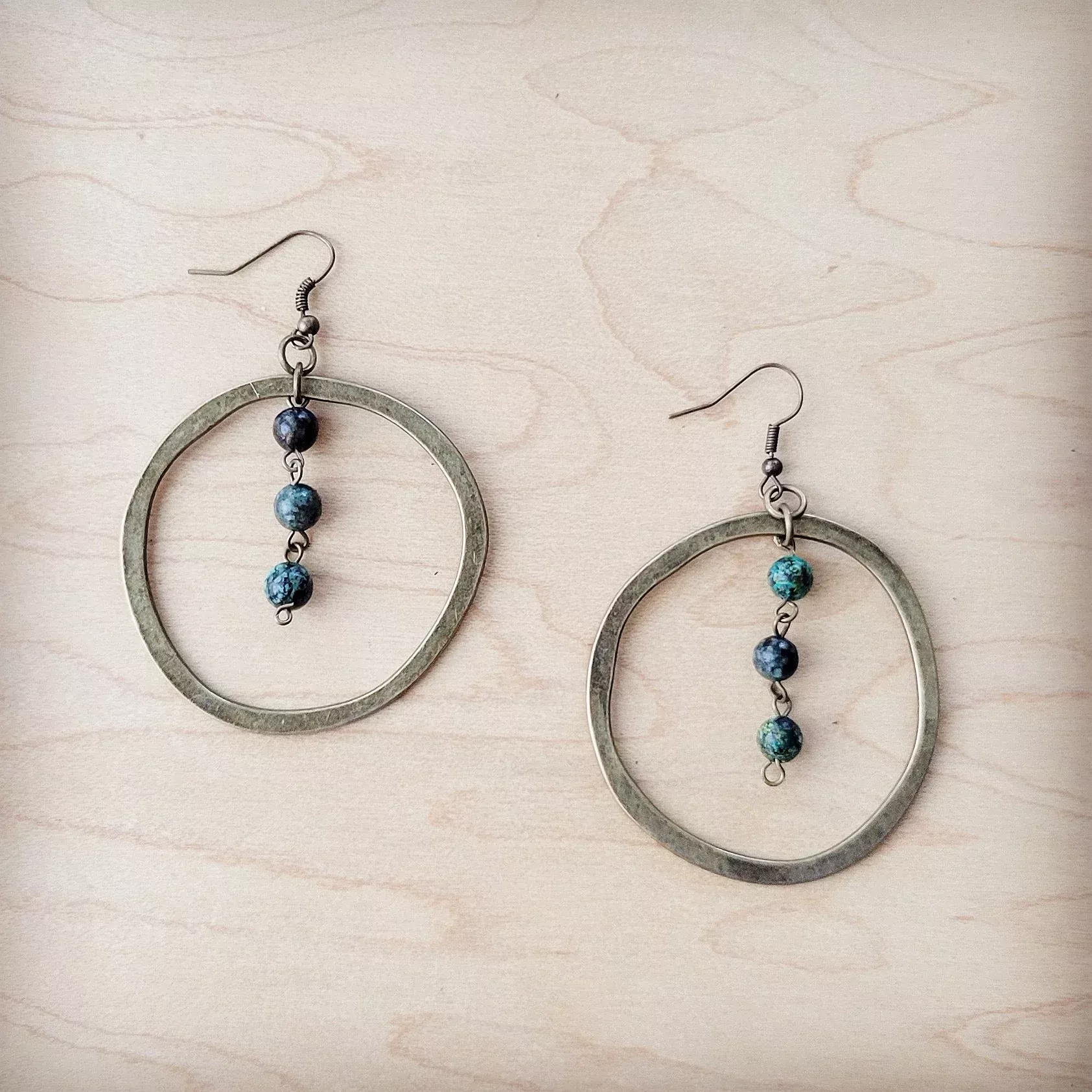 Western Copper Hoop Earrings w / African Turquoise Beads 200t